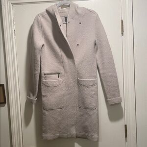 Nau Chrysalis Taupe Boiled Wool Detail Hood Slenderizing Snap Front Trench Coat